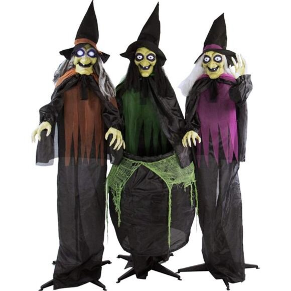 Life-Size Scary Talking 3 Witches with Cauldron Halloween Animatronic